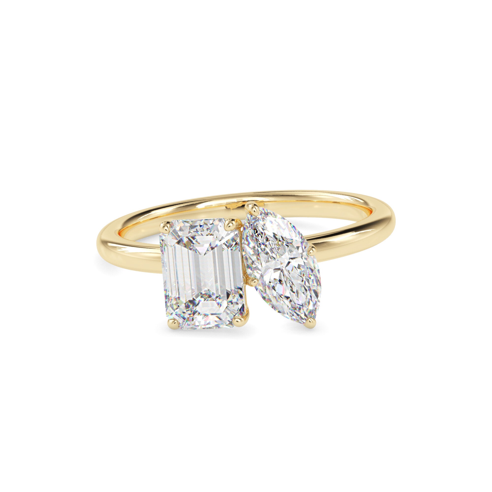 emerald and marquise toi et moi lab-grown diamond ring in yellow gold