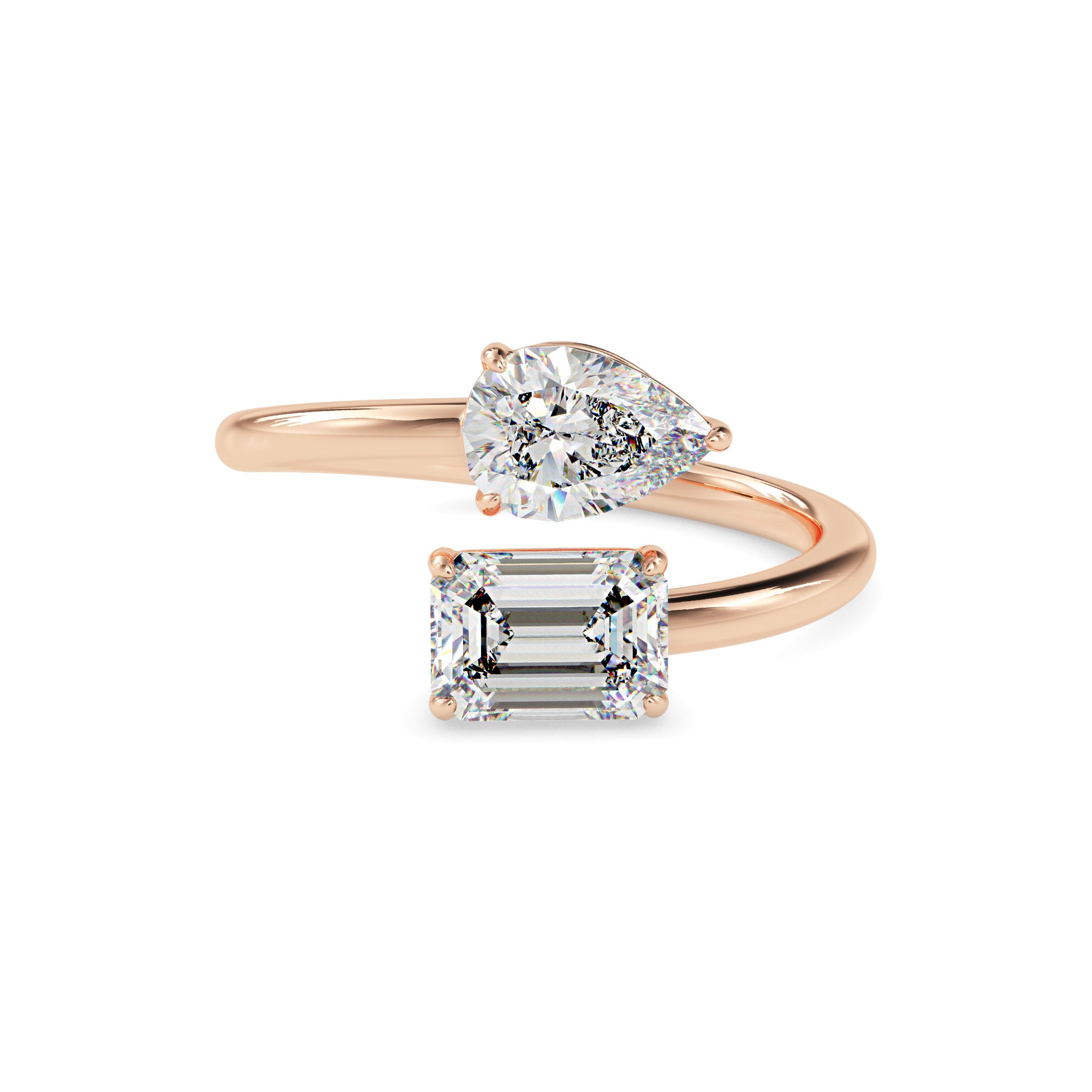 emerald and pear toi et moi lab-grown diamond ring in rose gold
