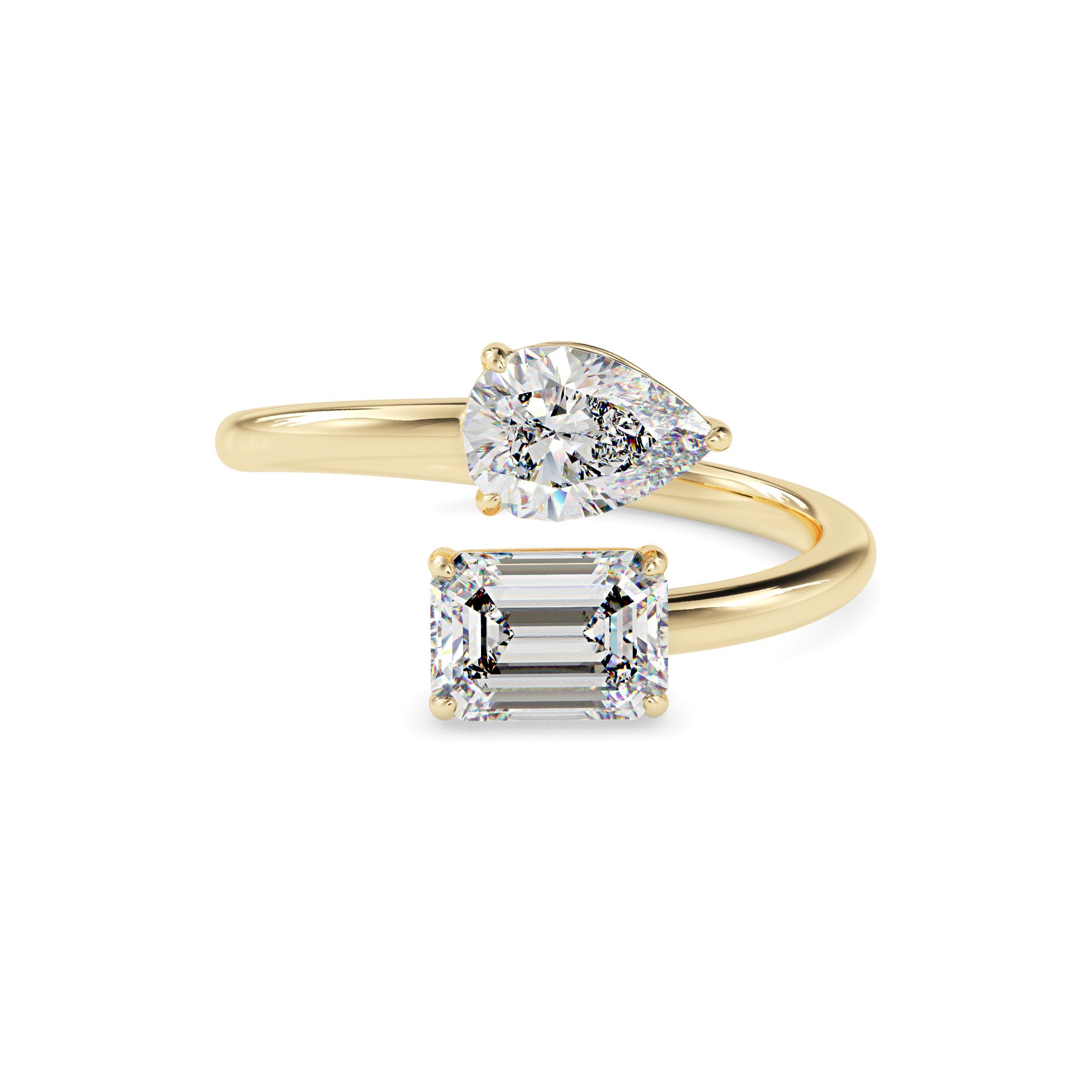 emerald and pear toi et moi lab-grown diamond ring in yellow gold