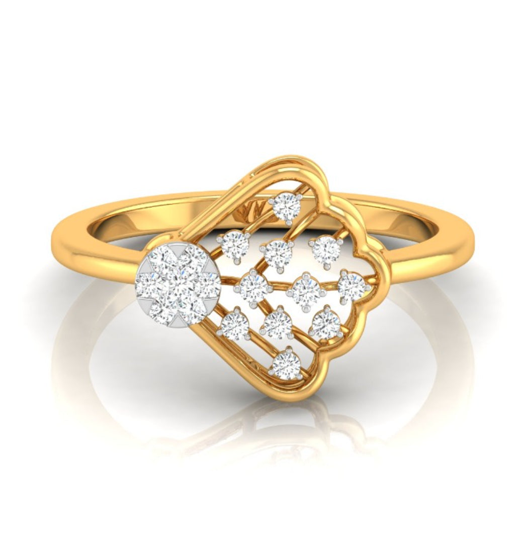 fan-shaped round cut lab-grown diamond ring in yellow gold
