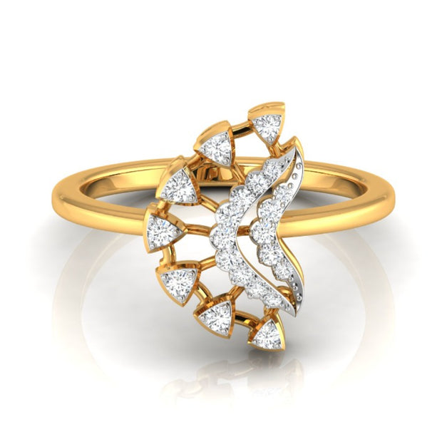 fan shape round cut lab-grown diamond ring in yellow gold