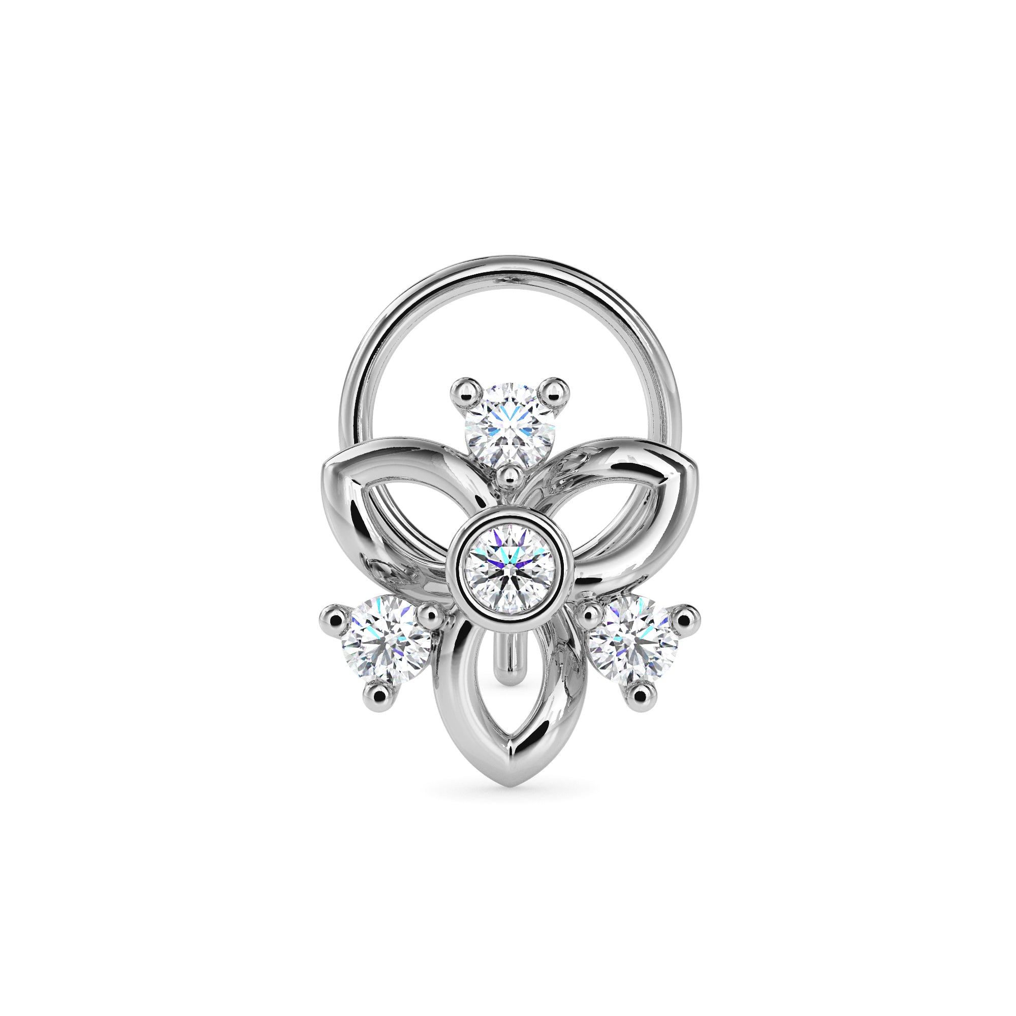 floral round bezel lab-grown diamond wire back stud nosepin in white gold