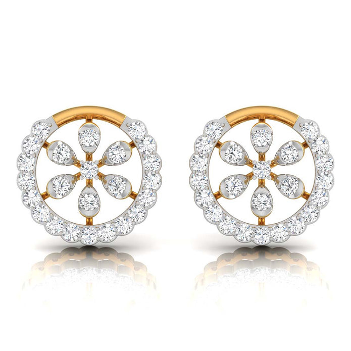 floral round diamond stud earrings in yellow gold