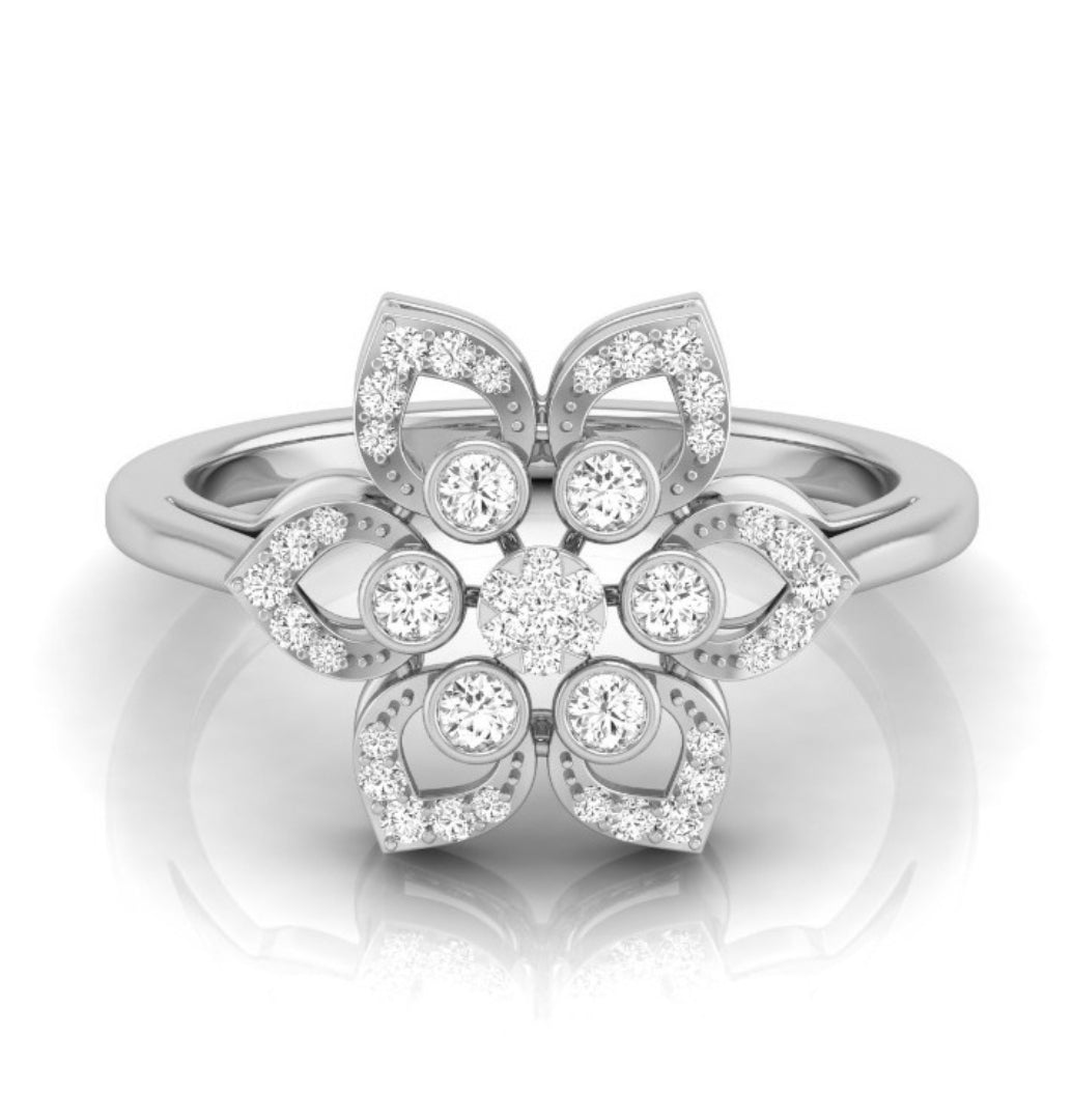 flower style prong set diamond ring in white gold