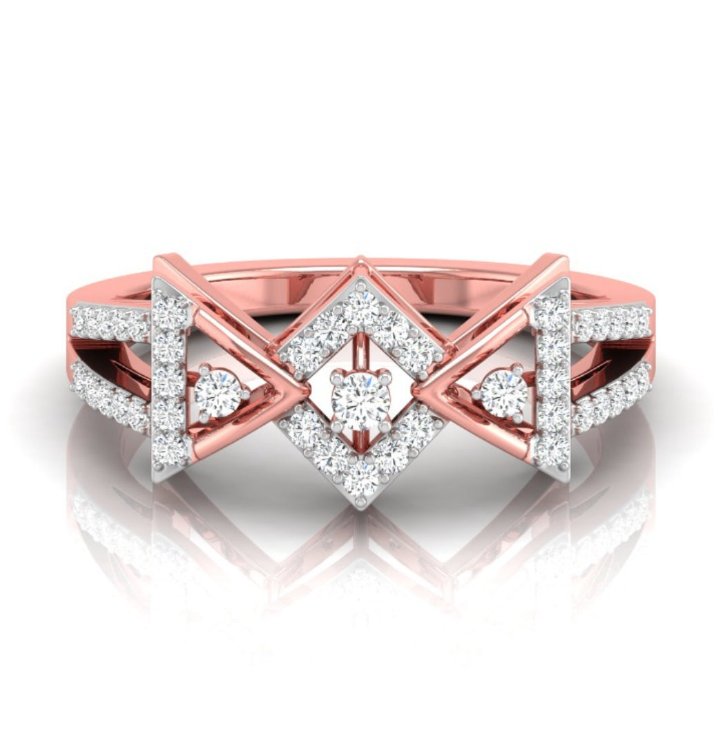 geometric cutwork round cut diamond ring in rose gold