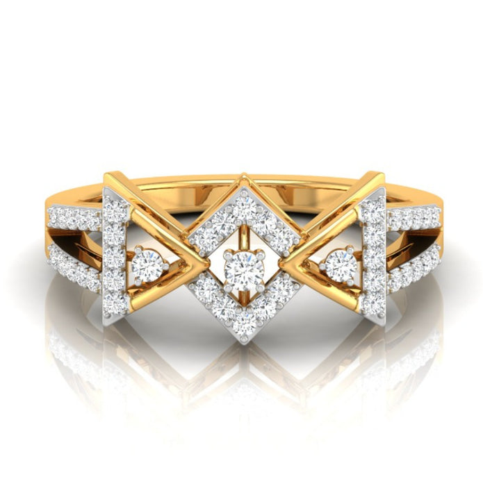 geometric cutwork round cut diamond ring in yellow gold