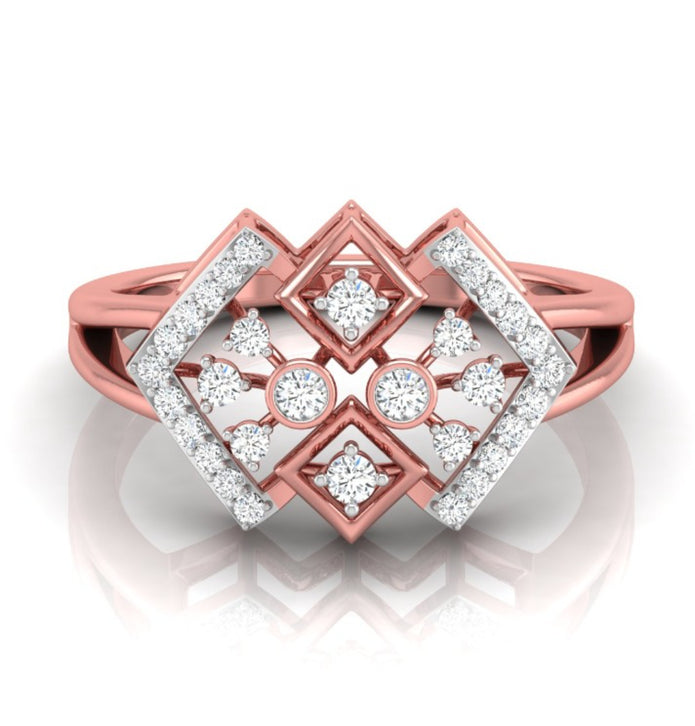geometric round cut diamond ring in rose gold