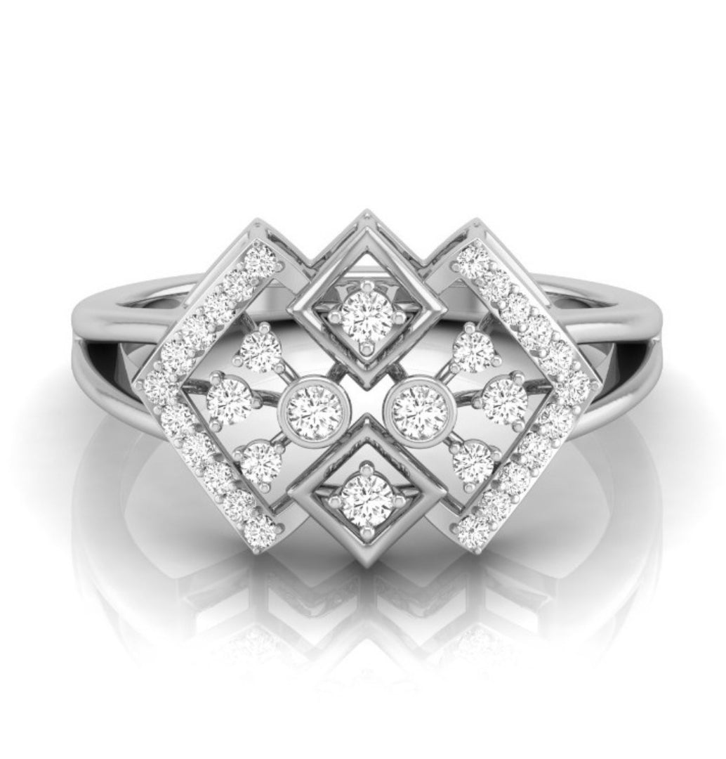 geometric round cut diamond ring in white gold