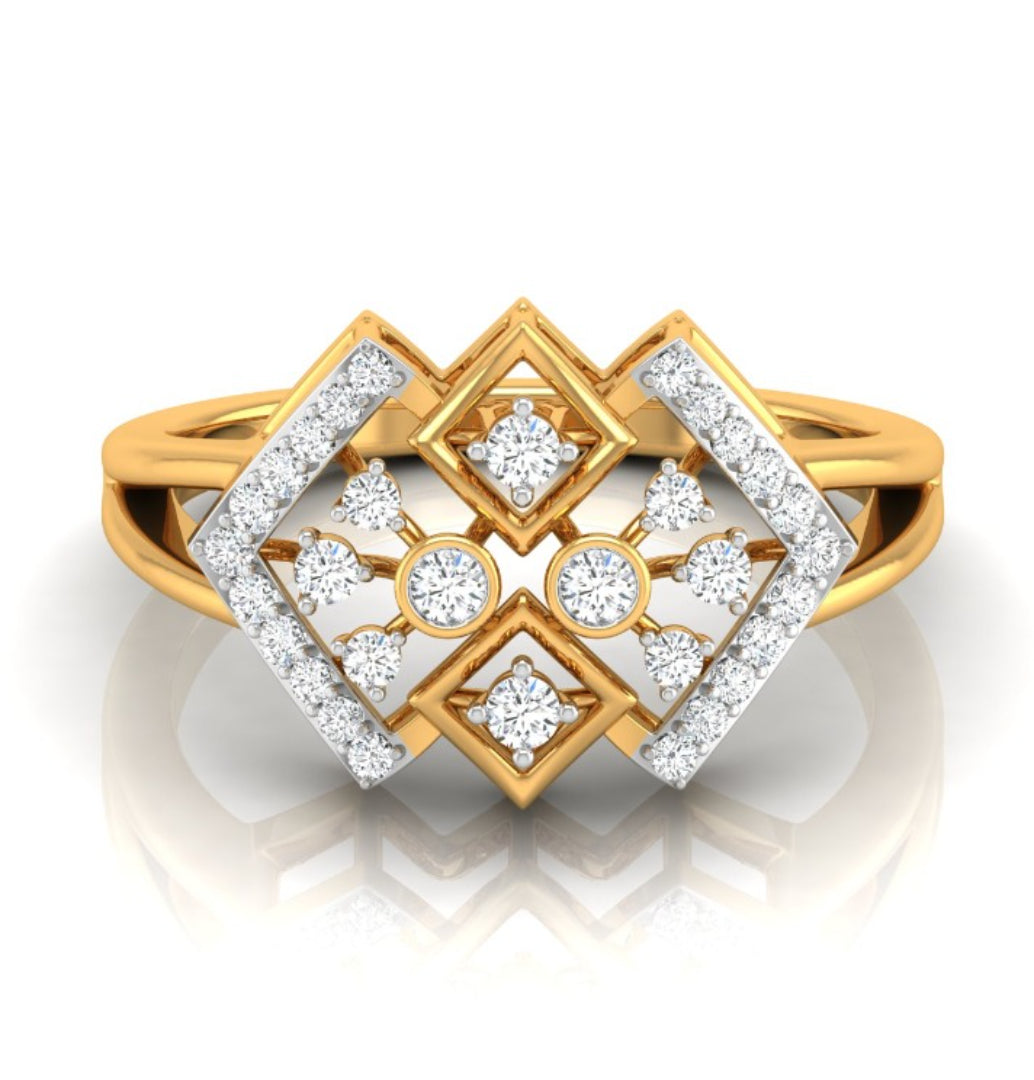geometric round cut diamond ring in yellow gold