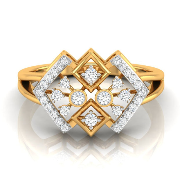 geometric round cut diamond ring in yellow gold