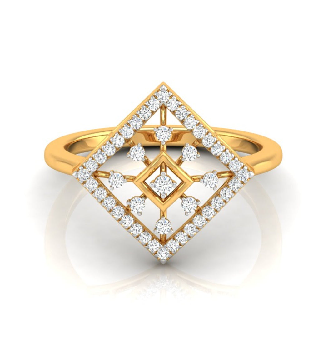 geometric design round cut lab-grown diamond ring in yellow gold