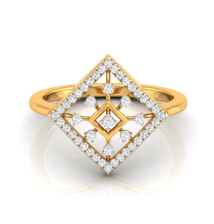 geometric design round cut lab-grown diamond ring in yellow gold