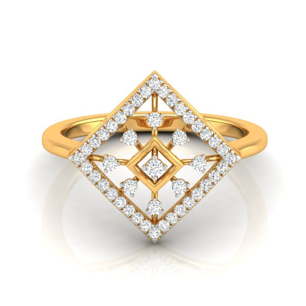 geometric design round cut lab-grown diamond ring in yellow gold