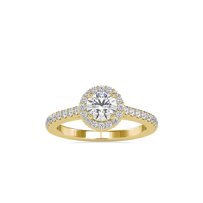 round cut halo lab-grown diamond ring in yellow gold