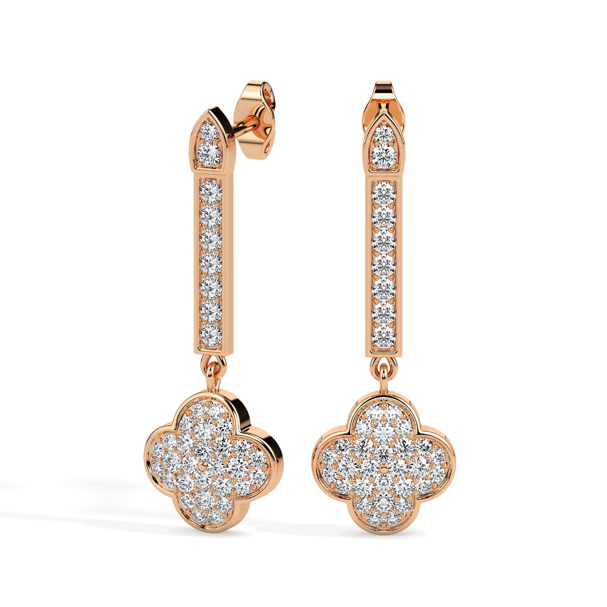 clover cluster diamond drop earrings in rose gold