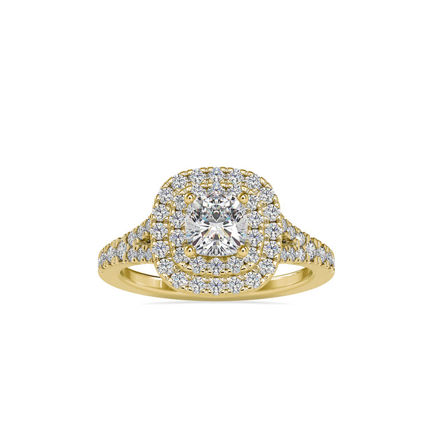 cushion double halo lab-grown diamond ring in yellow gold