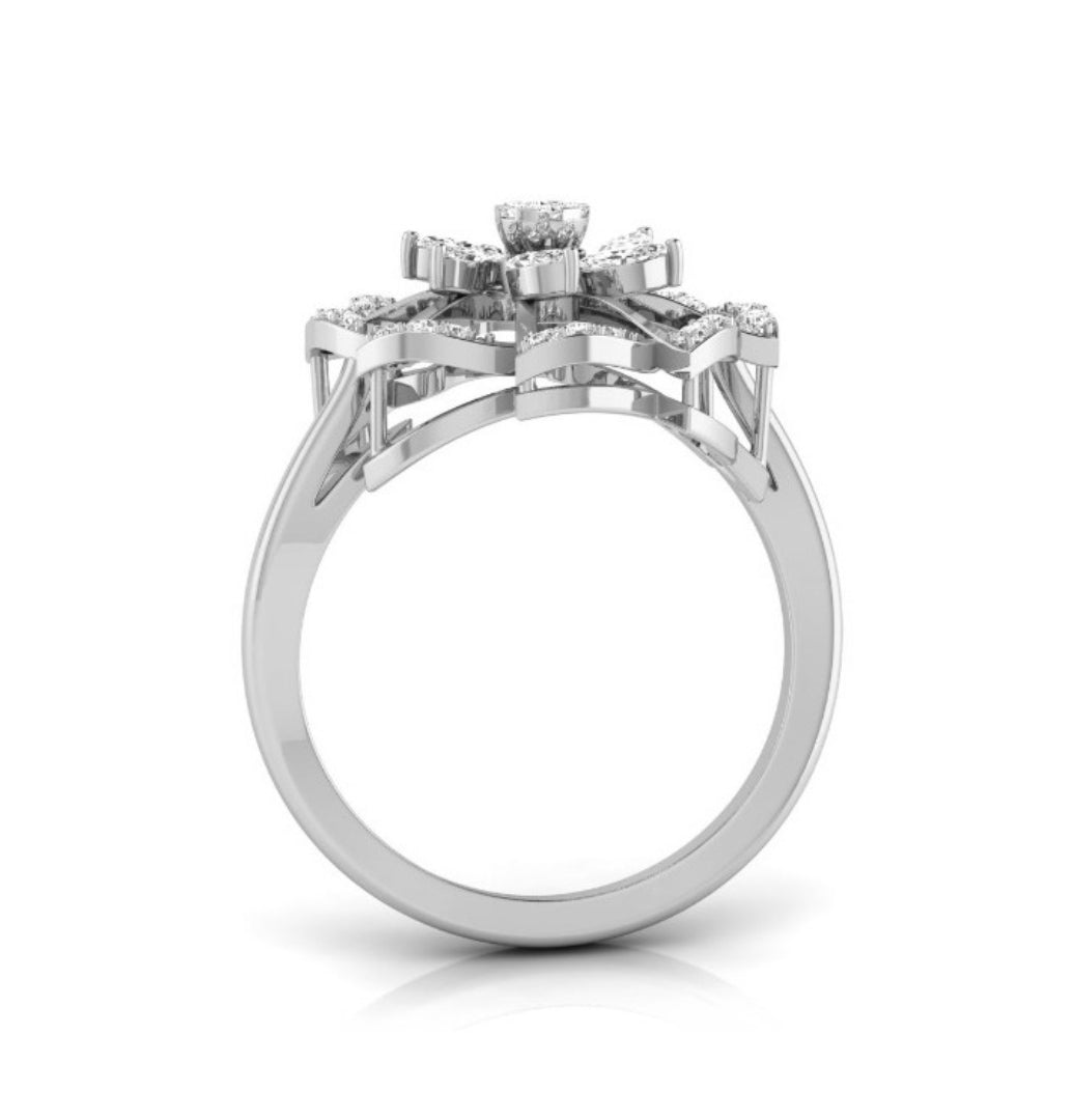 floral cocktail style diamond ring in white gold