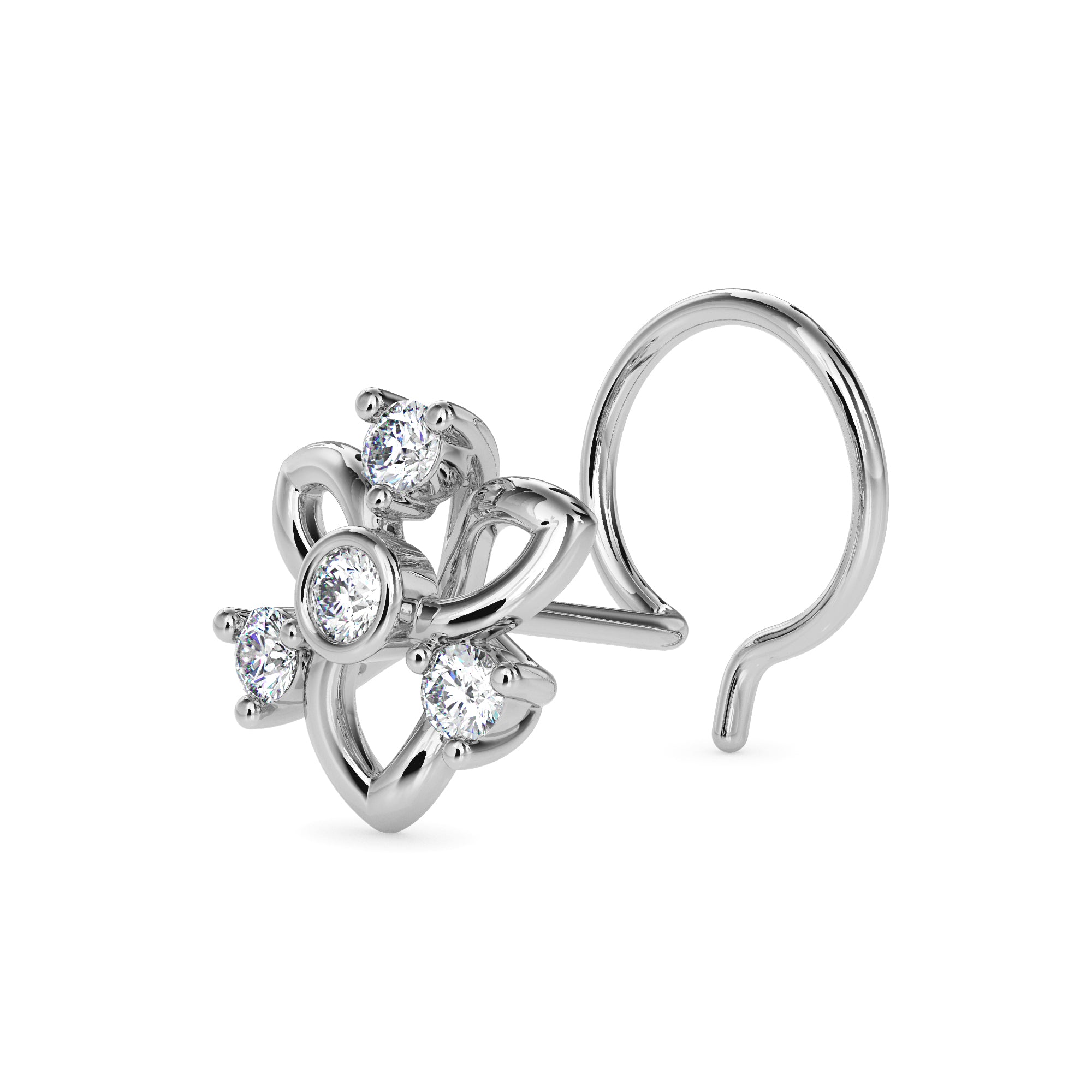 floral round bezel lab-grown diamond wire back stud nosepin in white gold