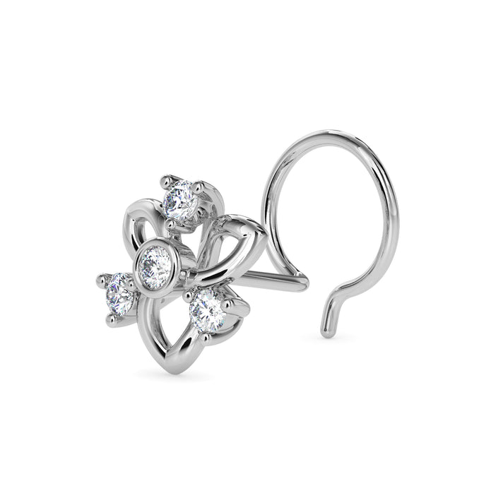 floral round bezel lab-grown diamond wire back stud nosepin in white gold