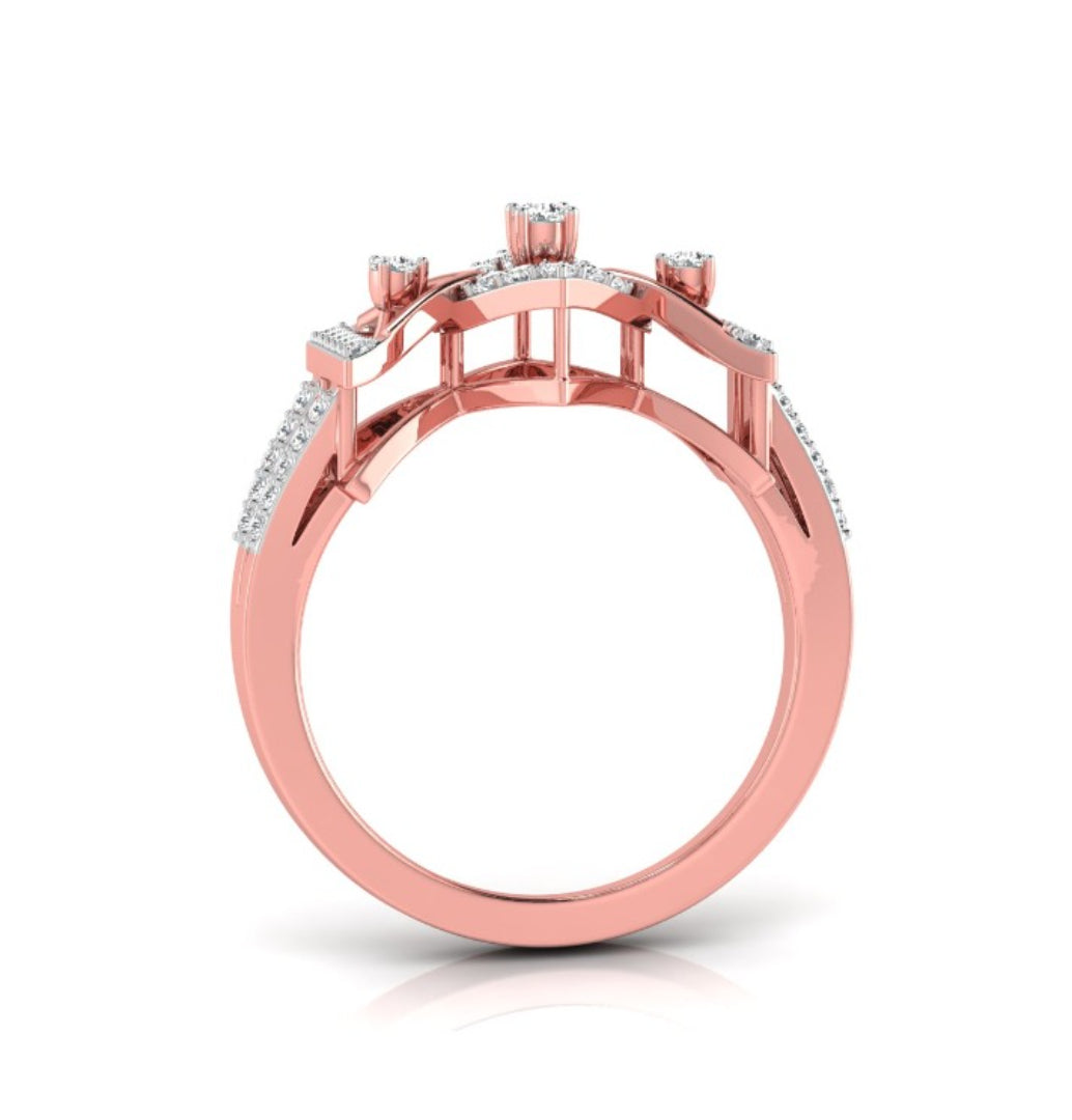 geometric cutwork round cut diamond ring in rose gold