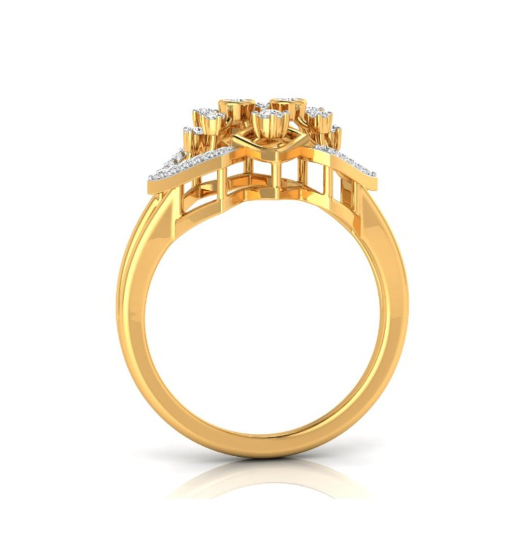 geometric round cut diamond ring in yellow gold