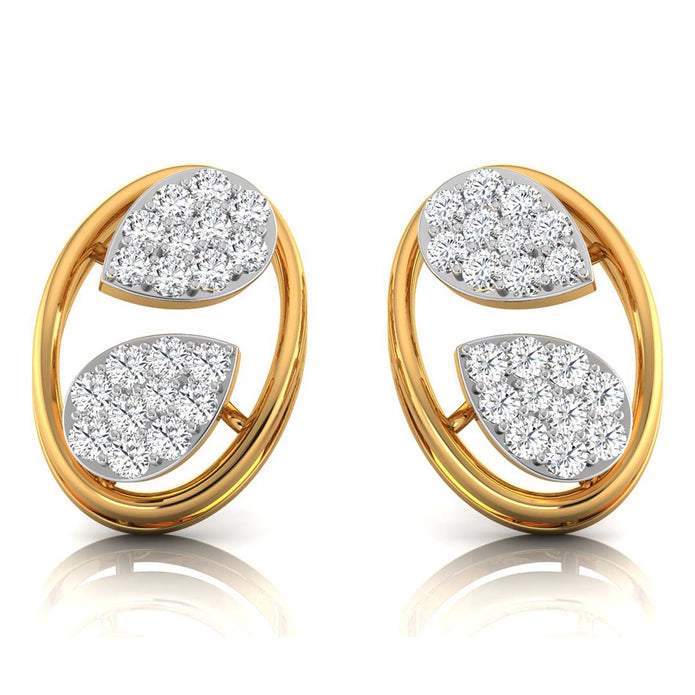 leaf design round diamond stud earrings in yellow gold