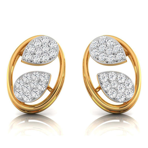 leaf design round diamond stud earrings in yellow gold