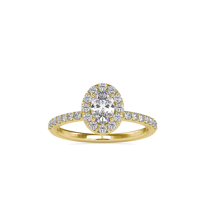 oval halo lab-grown diamond ring in yellow gold