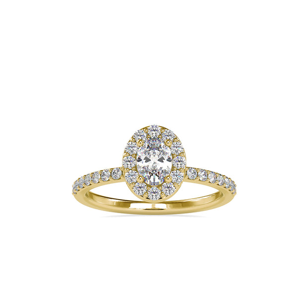 oval halo lab-grown diamond ring in yellow gold