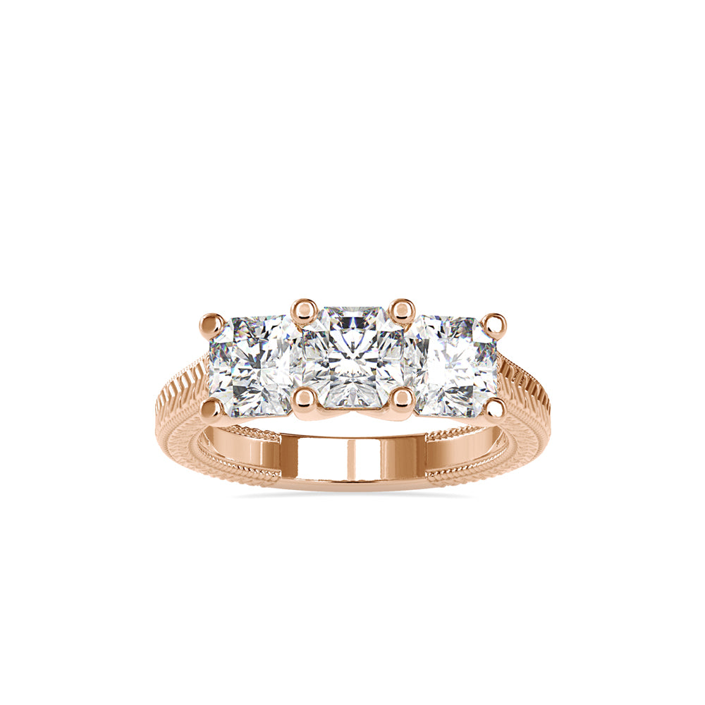 radiant cut three stone lab-grown diamond ring in rose gold