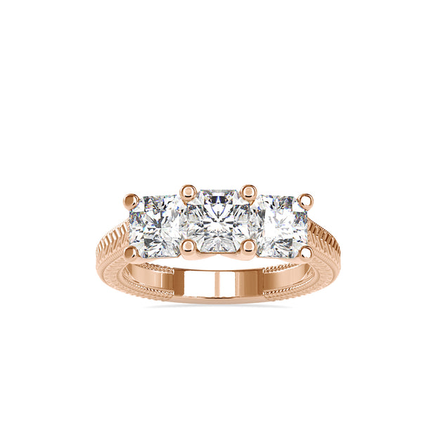 radiant cut three stone lab-grown diamond ring in rose gold