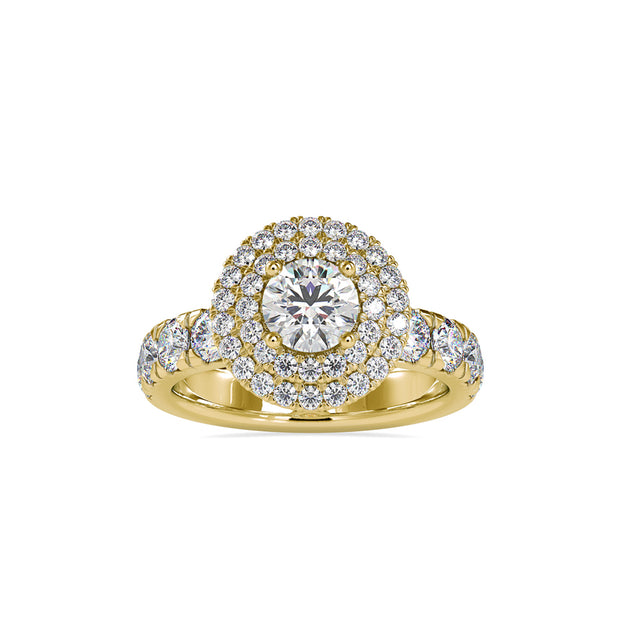 round double halo lab-grown diamond ring in yellow gold