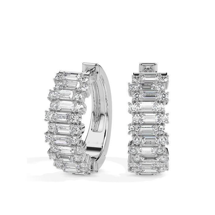 triple row diamond hoop earrings in white gold