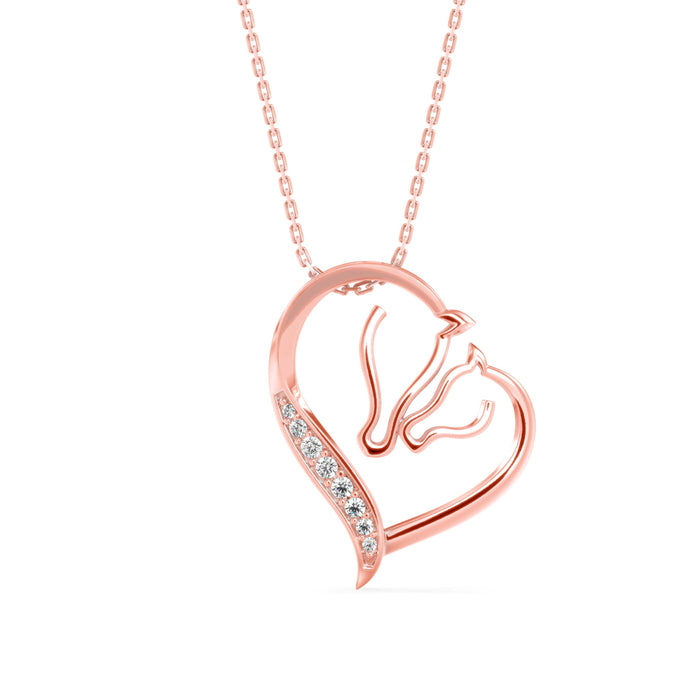 two horse heads shape diamond pendant necklace in rose gold