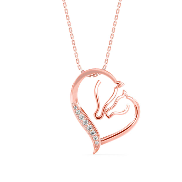 two horse heads shape diamond pendant necklace in rose gold