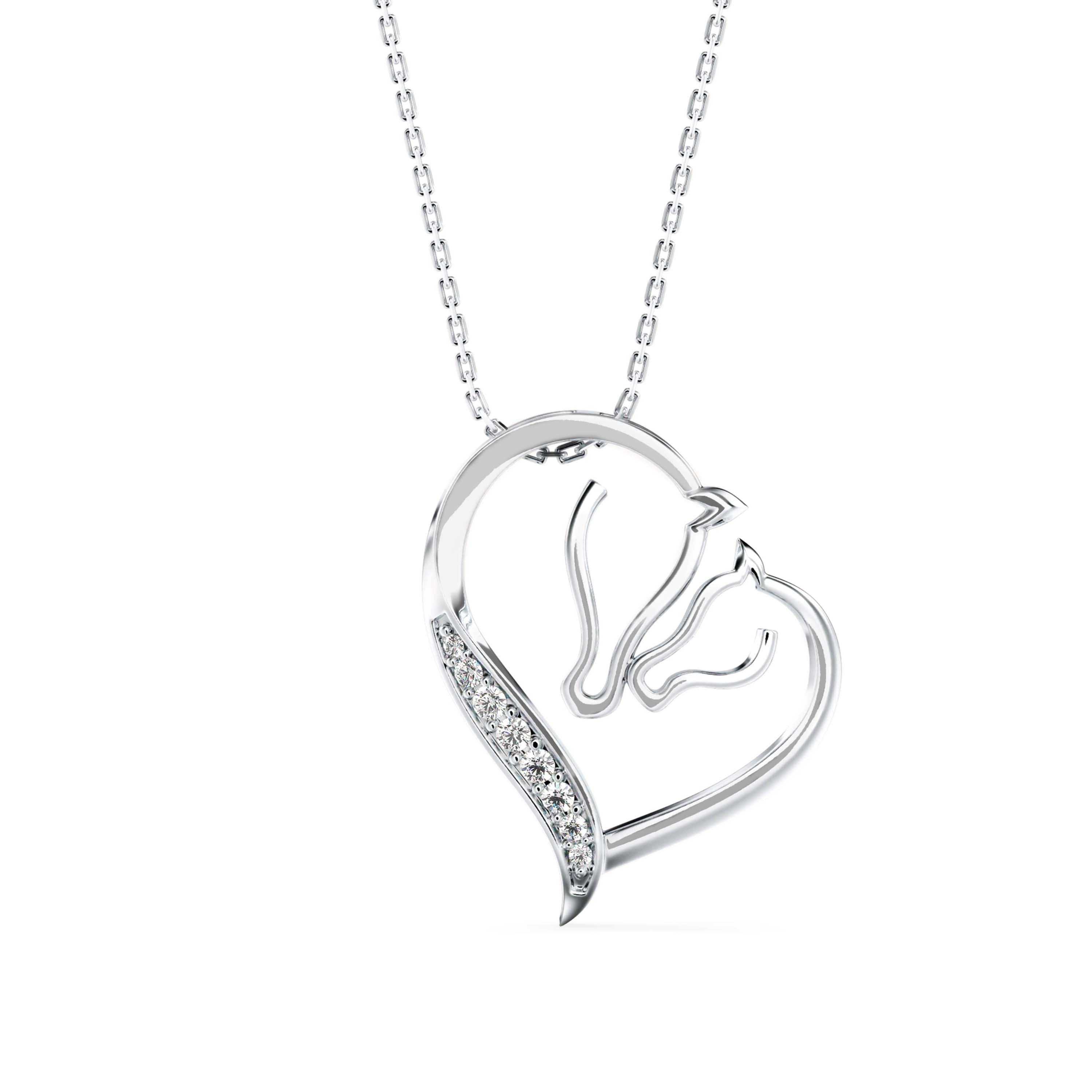 two horse heads shape diamond pendant necklace in white gold