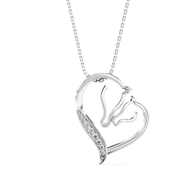two horse heads shape diamond pendant necklace in white gold