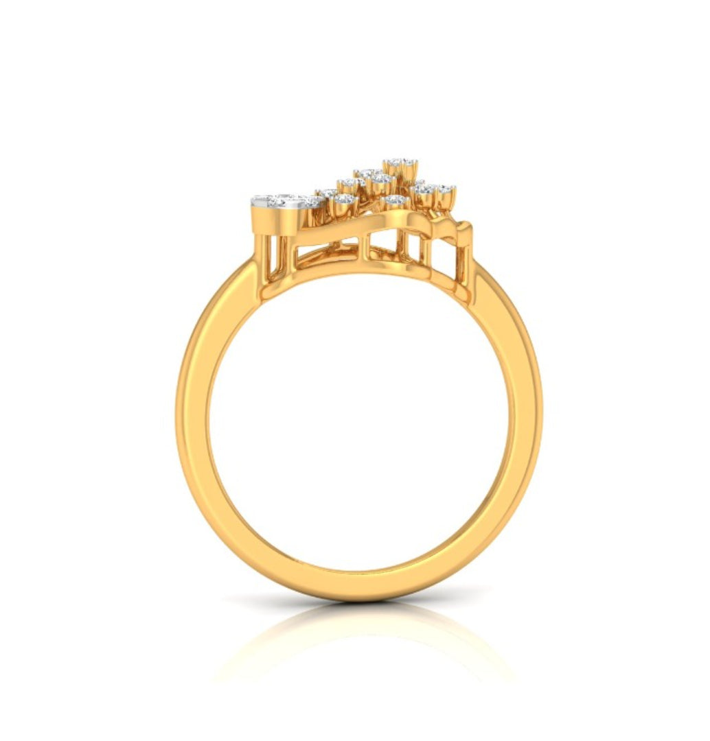 fan-shaped round cut lab-grown diamond ring in yellow gold