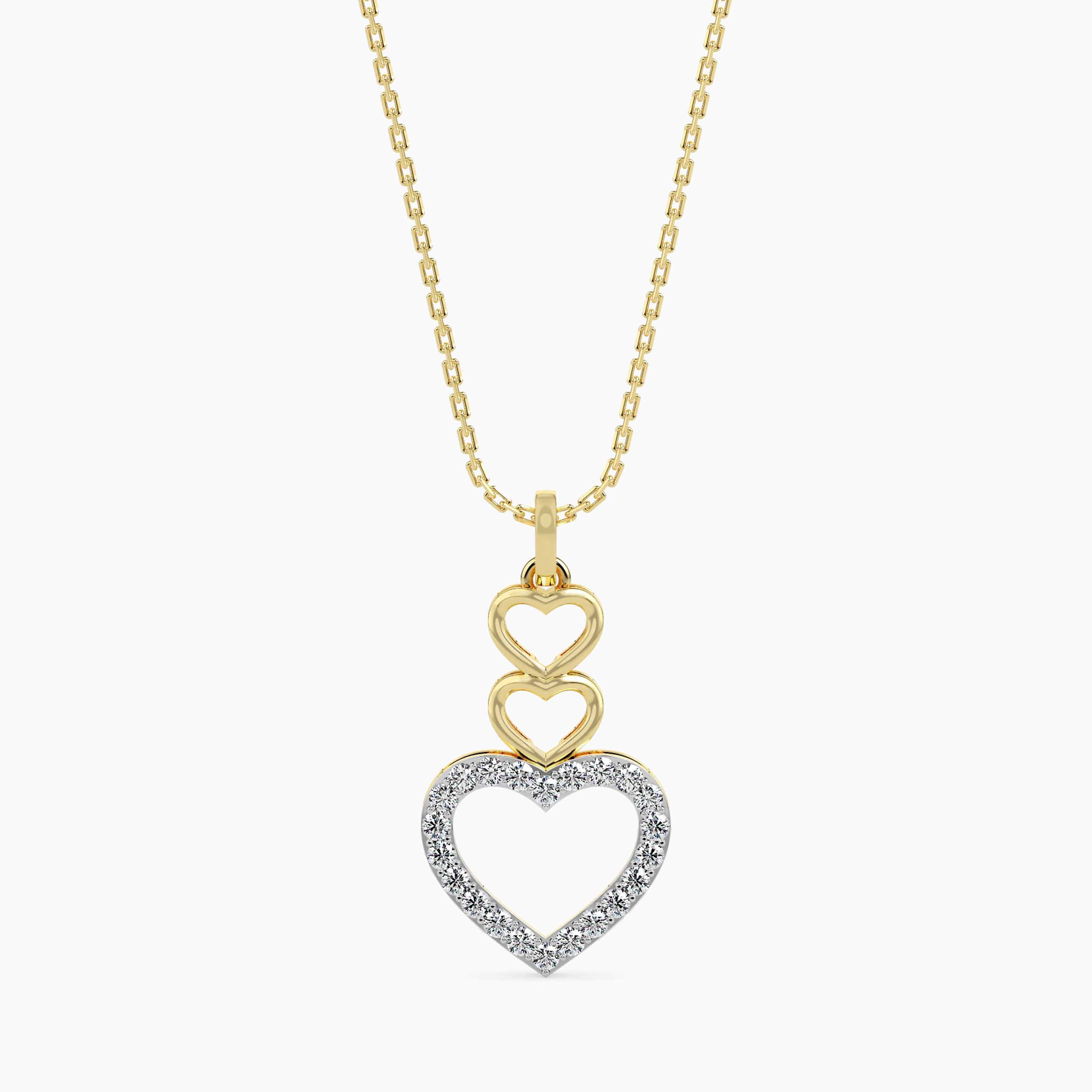 layered heart diamond pendant necklace in yellow gold