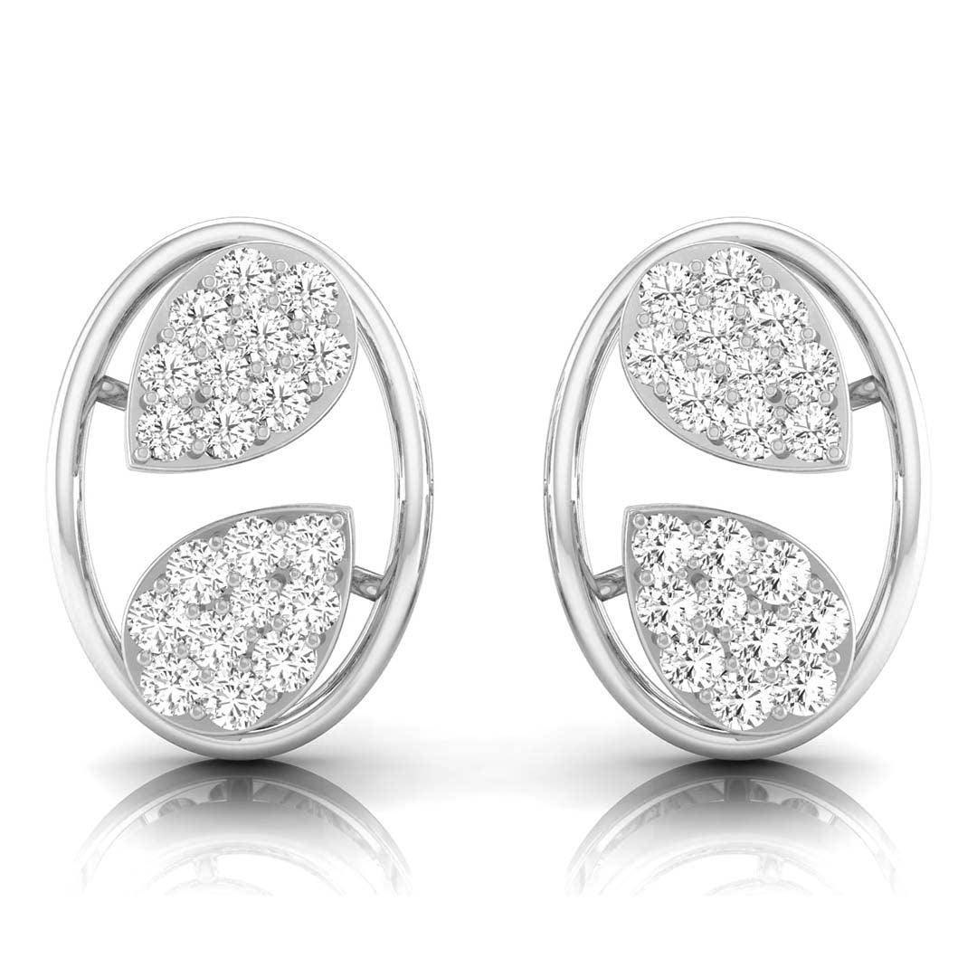leaf design round diamond stud earrings in white gold