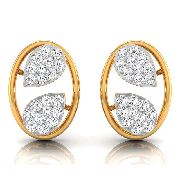 leaf design round diamond stud earrings in yellow gold
