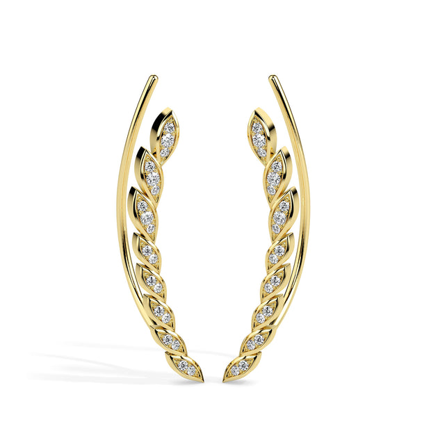 leaf shaped diamond climber earrings in yellow gold