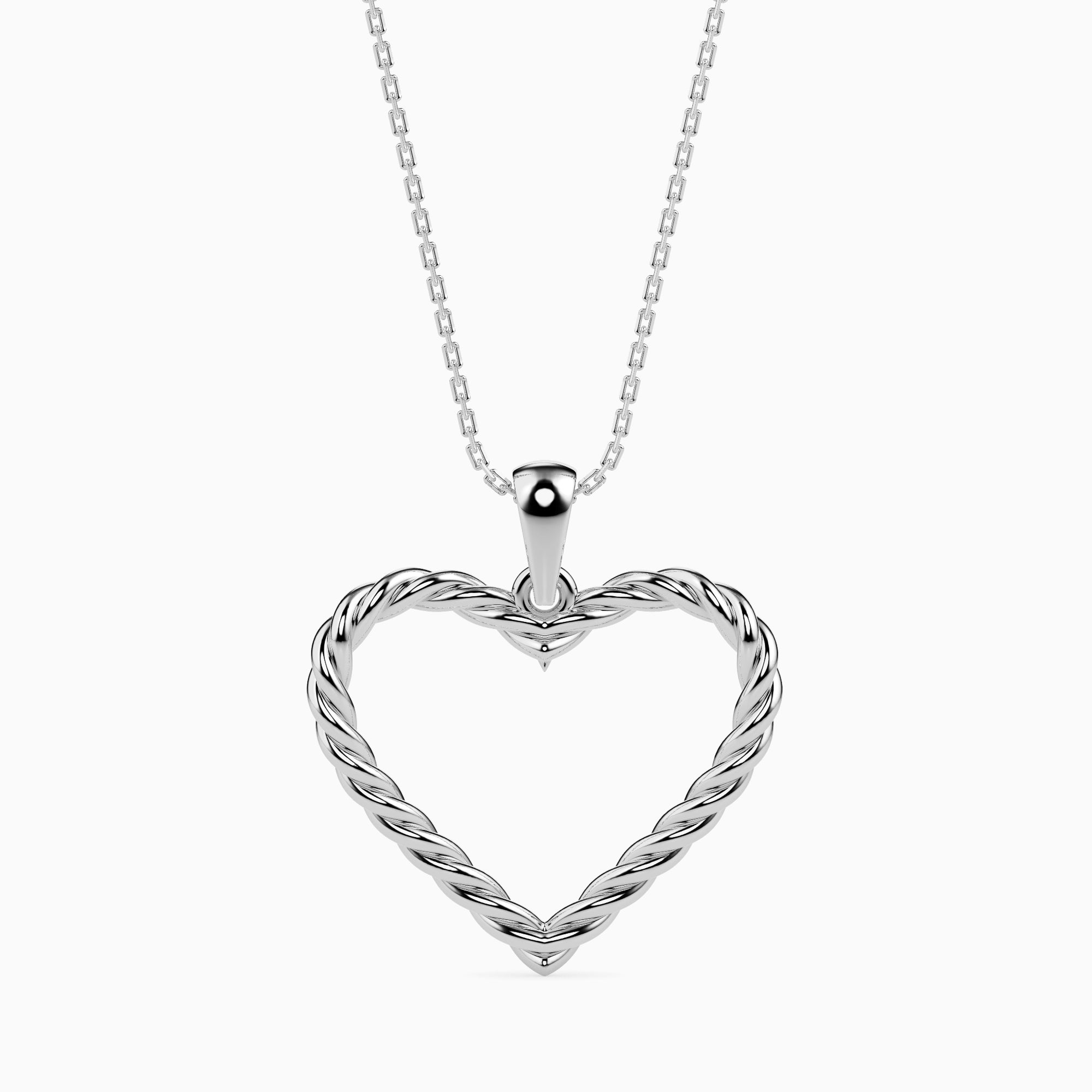 rope style open heart pendant necklace in white gold