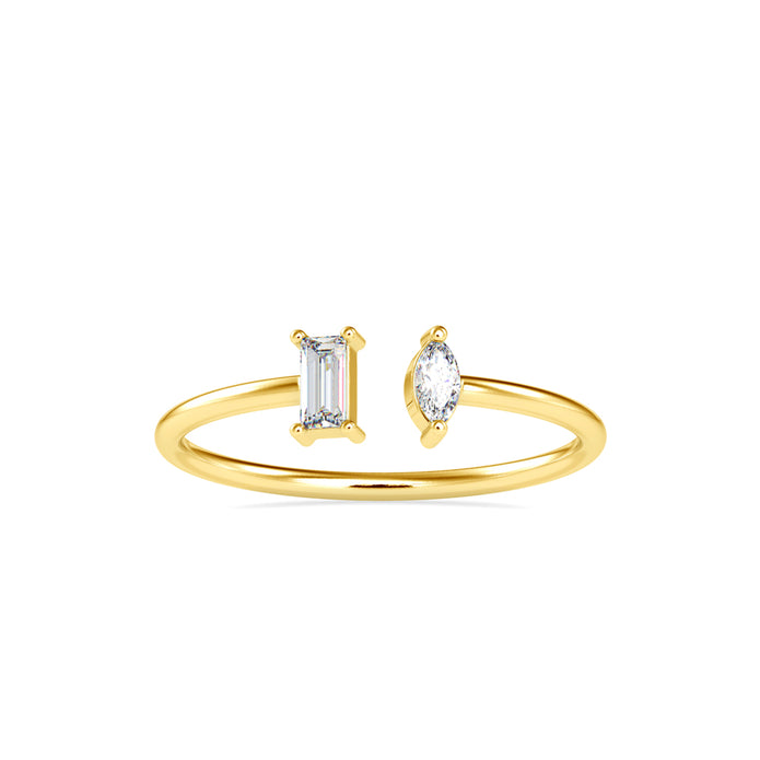 open style two stone diamond ring in yellow gold