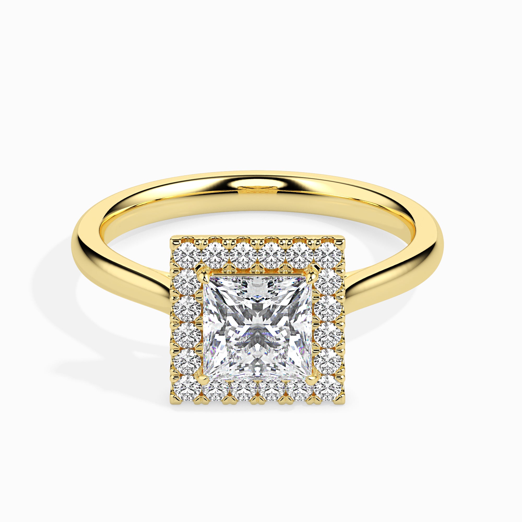 princess cut halo diamond ring in yellow gold