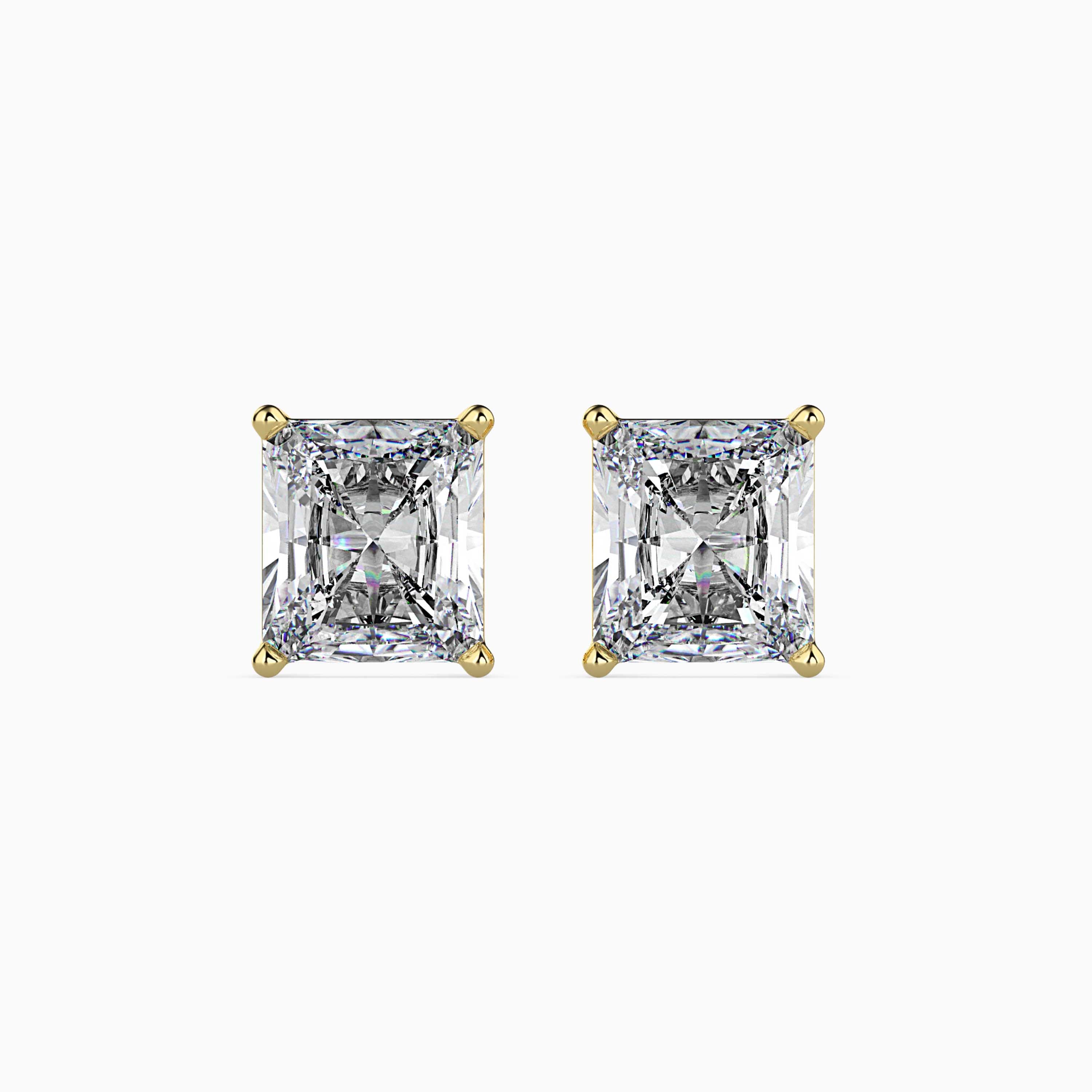 radiant prong set diamond stud earrings in yellow gold
