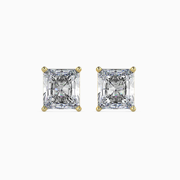 radiant prong set diamond stud earrings in yellow gold