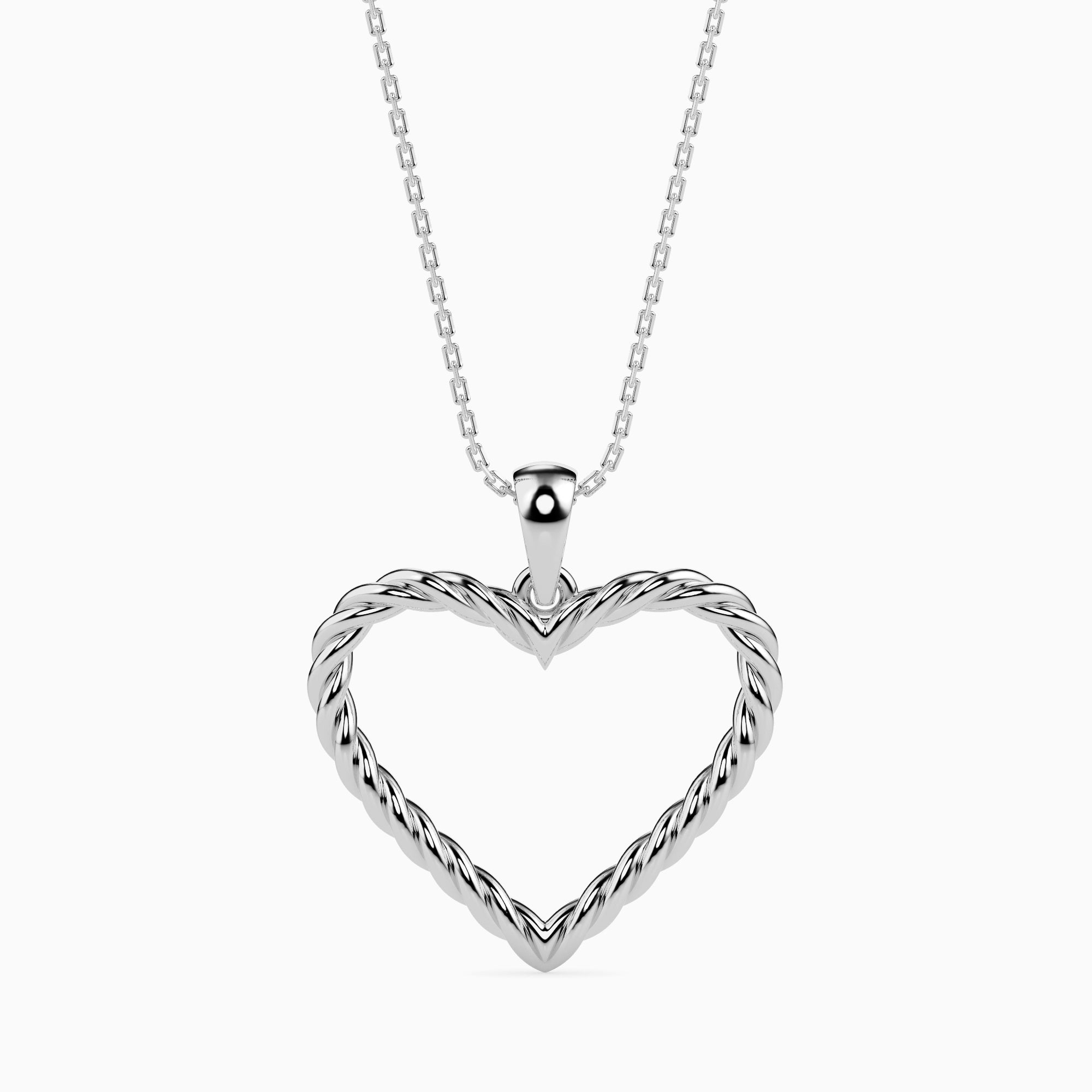 rope style open heart pendant necklace in white gold