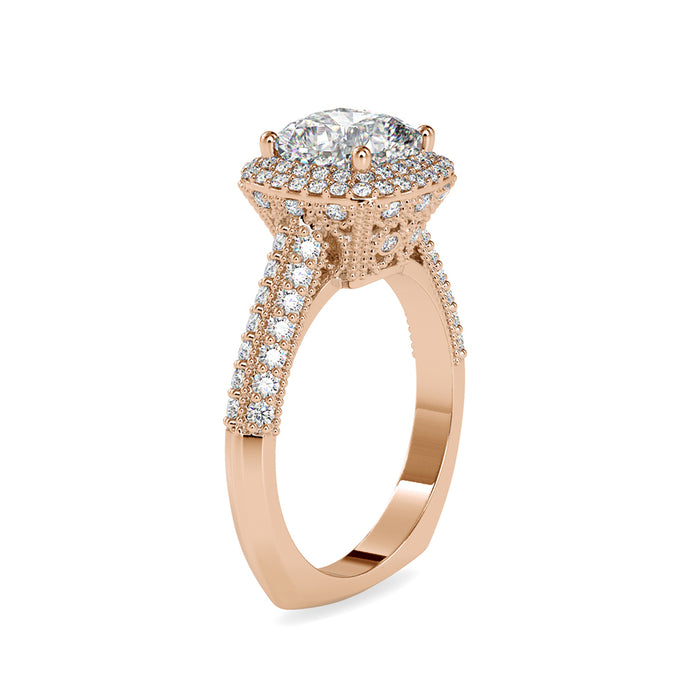 cushion cut double halo lab-grown diamond ring in rose gold