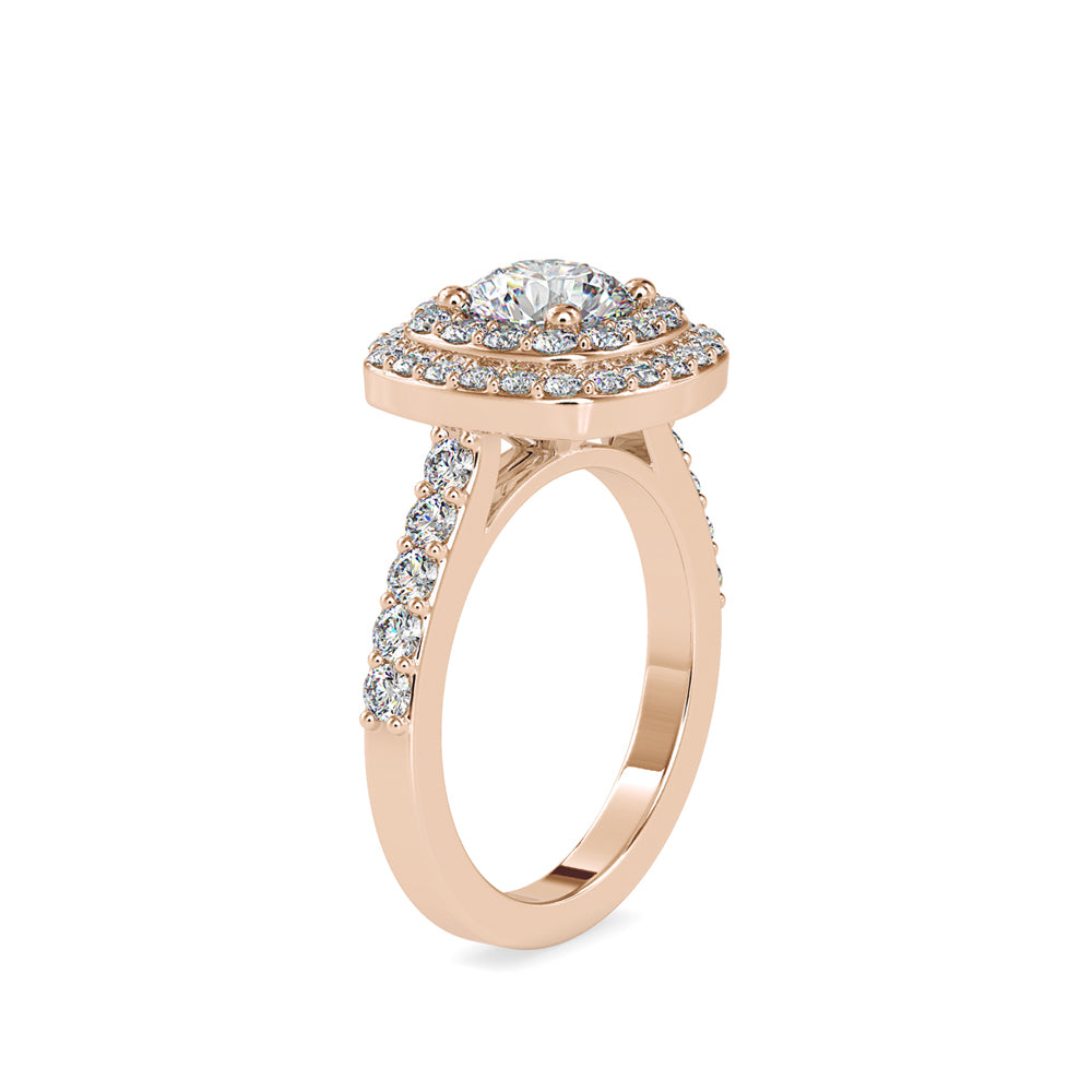 round cut double halo lab-grown diamond ring in rose gold